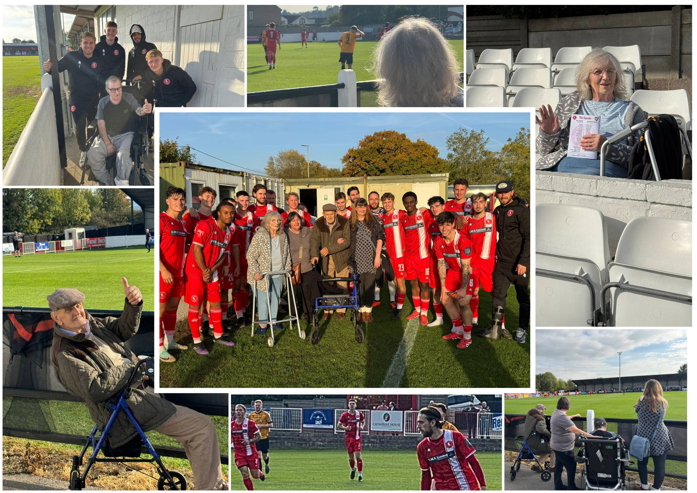 A collage showing residents from Frome Nursing Home and Catherine House Care Home enjoying a football match between Frome Town FC (the Robins) and Falmouth Town. The photos show elderly fans, some using wheelchairs and walkers, watching the game, chatting with players in red kits, and smiling for group photos on the pitch. The sunny day captures a warm, community-focused event full of joy and togetherness.