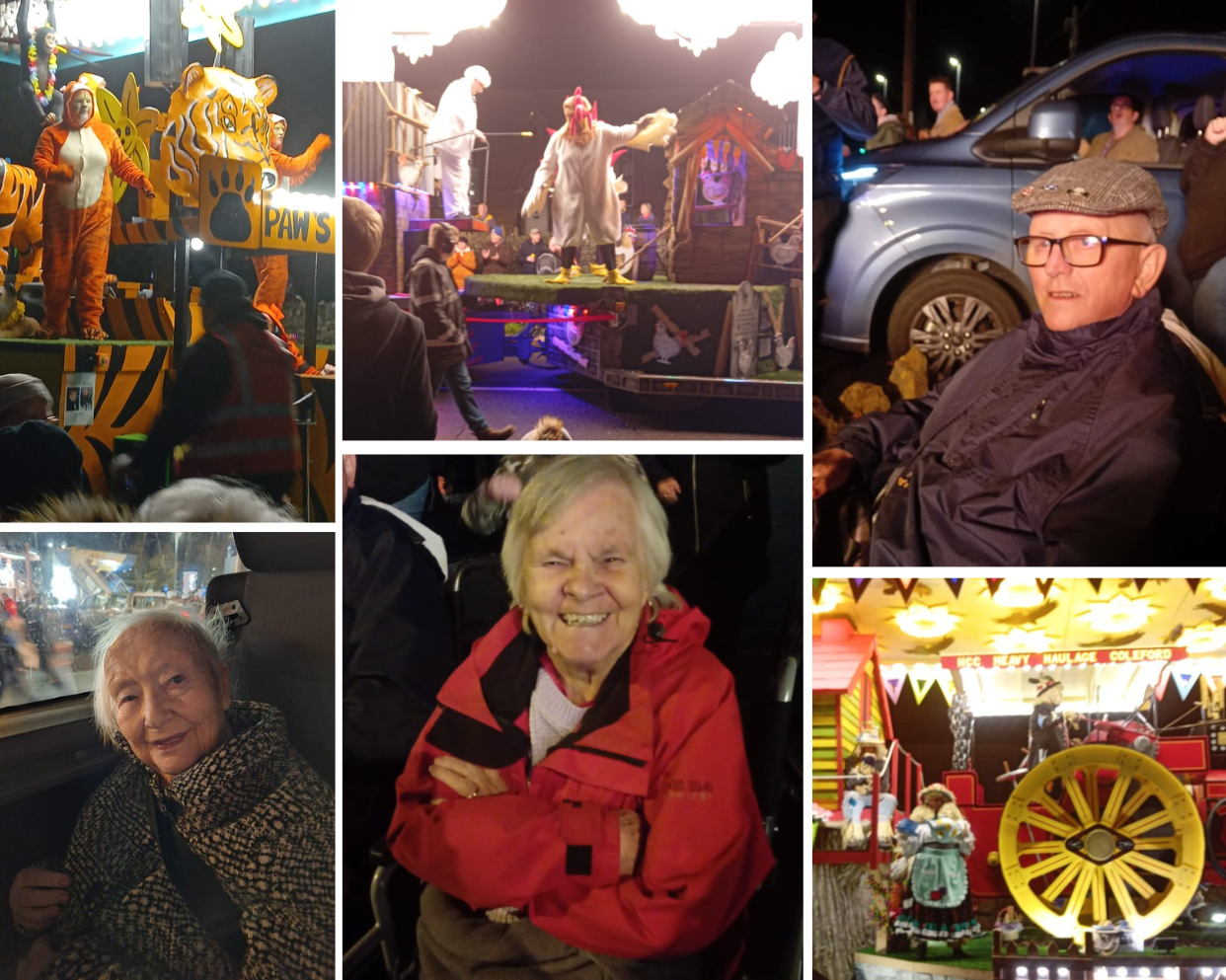 A collage of Catherine House residents watching the Shepton Mallet Carnival at night, with brightly lit floats and performers in costume passing along the street.