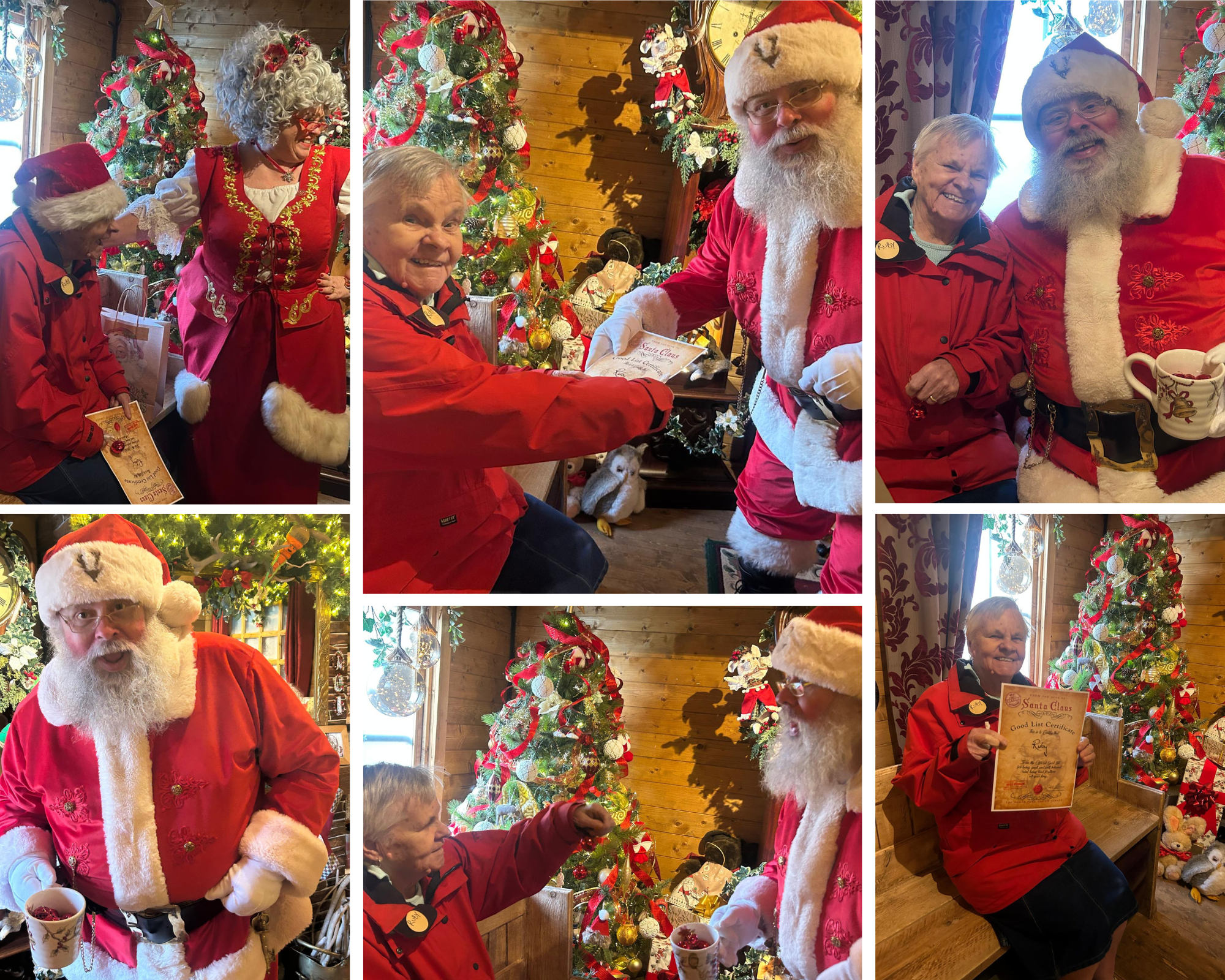A Catherine House family member meets Father Christmas and Mrs Claus in a warmly decorated grotto at Critchill Manor Estate. They share relaxed conversation, smiles and a moment recognising the family member with a seasonal certificate.