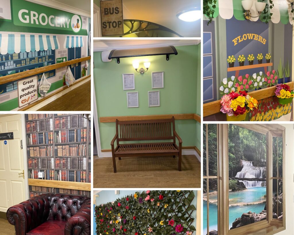 Collage of themed hallway spaces at Catherine House, including a grocery shop mural, flower shop display, bus stop seating area, book-lined wall, and nature scene, created to feel familiar and recognisable.