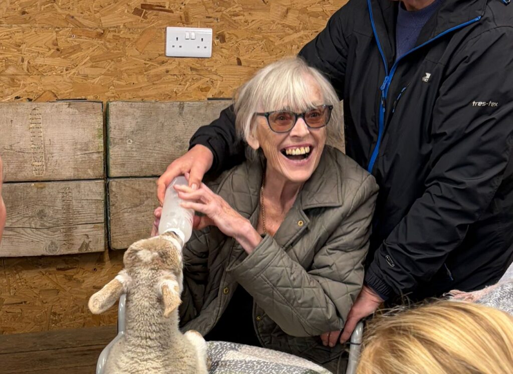 Family members from a Frome, Somerset care home spending time at a local farm, holding and feeding baby lambs, with close-up moments of lambs gathering around feet, being cradled in arms, and animals reaching over the fence in the spring sunshine