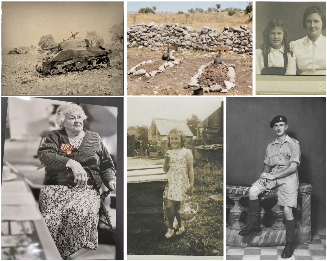 Collage of wartime and family photographs connected to Nora LeStrange’s father, William George Lee, who was killed in Sicily during the Second World War. Images include Bill in military uniform, his tank in Sicily, temporary wartime graves, childhood photographs of Nora, and a recent photograph of Nora wearing her father’s medals.