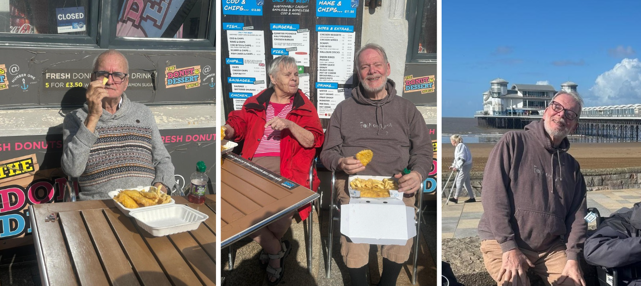 Family members from Catherine House Care Home in Frome, Somerset, eating fish and chips and ice cream during a seaside trip to Weston-super-Mare.